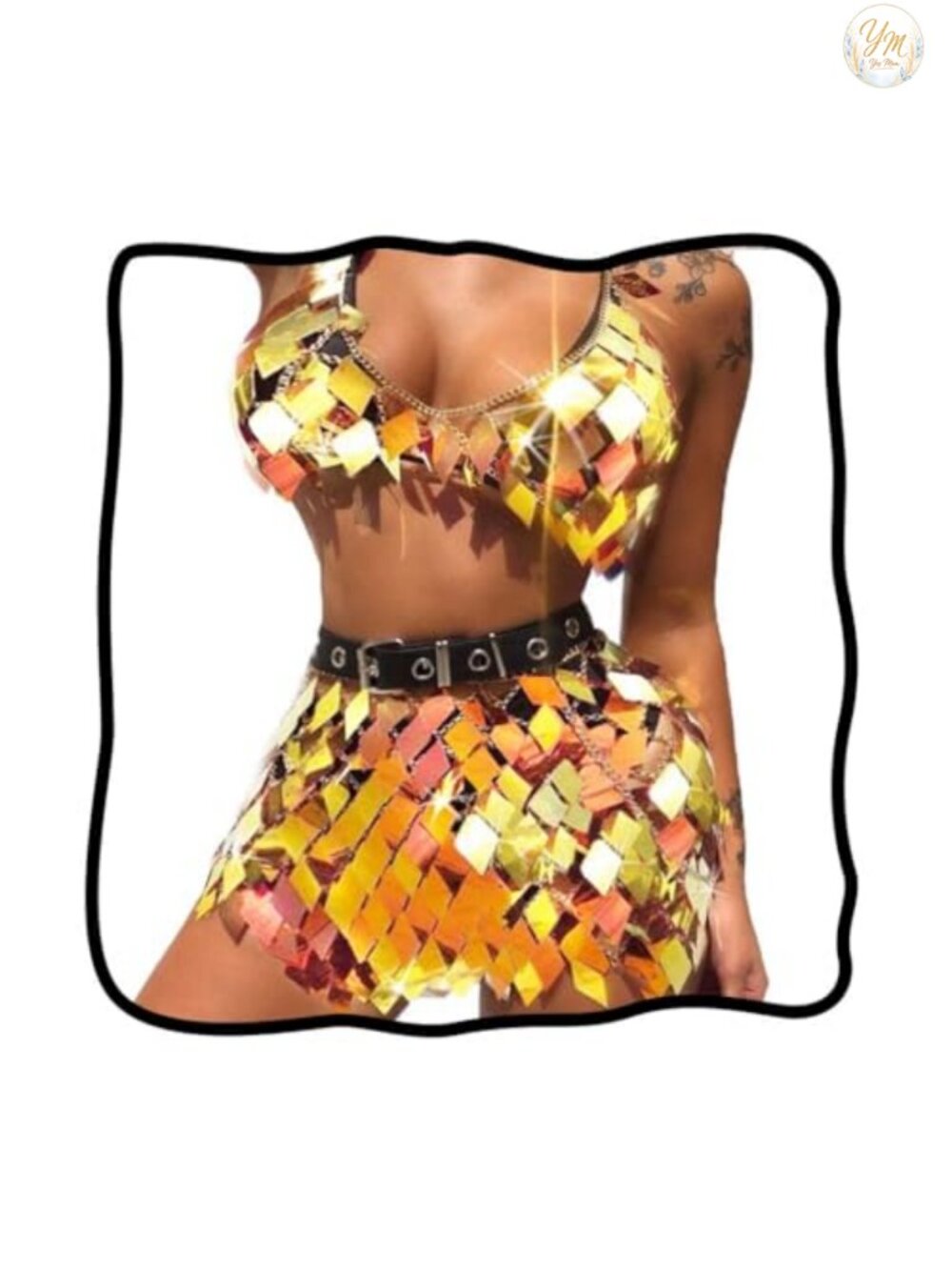 Women 2 Piece Sequin Body Chain Set Sleeveless Top and Skirt Rave Party Outfit